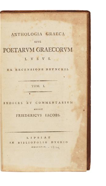 (GREEK ANTHOLOGY.) Anthologia Graeca; sive, Poetarum graecorum lusus.  13 vols.  1794-1814